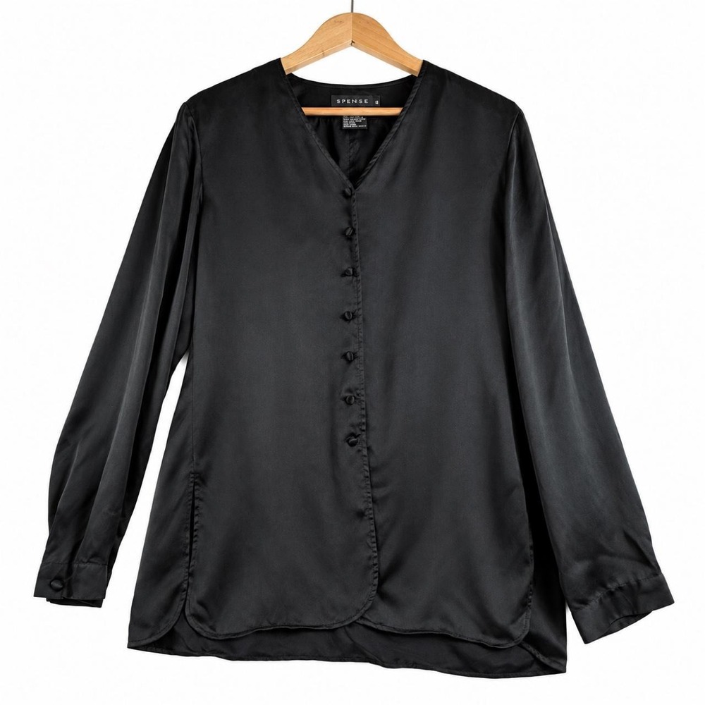 Silk Blouse Women 12 Black Excellent Collarless Button Down Top